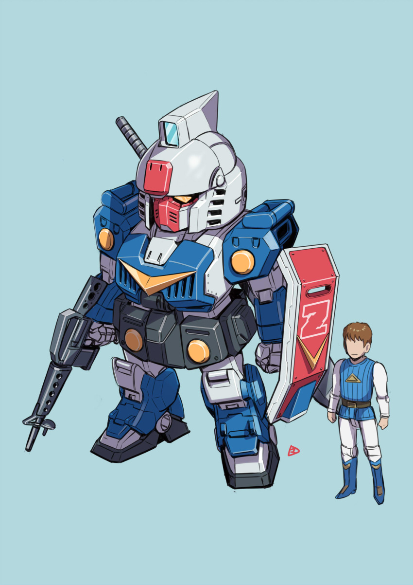1boy battle_suit_bisson blue_background brown_hair chibi faceless faceless_male gun hair_behind_ear highres holding holding_gun holding_shield holding_weapon mecha mercy_rabbit pilot_suit robot science_fiction shield standing the_animage weapon