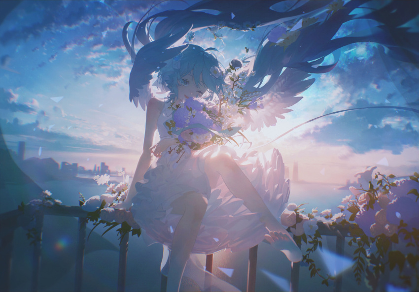 1girl absurdres aqua_eyes aqua_hair bangs bare_shoulders blue_sky bouquet building clouds cloudy_sky collared_dress commentary_request copyright_request dress flower foot_out_of_frame frilled_dress frills gate hair_flower hair_ornament hatsune_miku highres holding holding_bouquet konya_karasue long_hair looking_at_viewer ocean one_eye_closed open_mouth pink_flower pink_rose plant purple_flower rose sitting sky sleeveless sleeveless_dress smile solo sunlight sunrise swept_bangs teeth twintails upper_teeth very_long_hair vignetting vocaloid white_dress white_flower white_rose