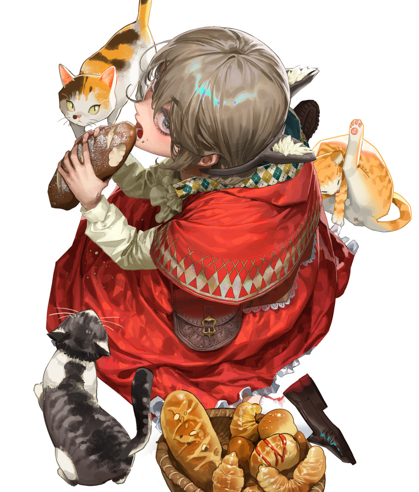 1girl absurdres animal_ear_fluff animal_ears basket bread brown_eyes brown_hair capelet cat eating extra_ears fake_animal_ears food food_bite food_on_face from_above heo_sung-moo highres holding holding_food long_sleeves open_mouth original red_capelet red_skirt shoes short_hair simple_background sitting skirt socks solo white_background white_socks