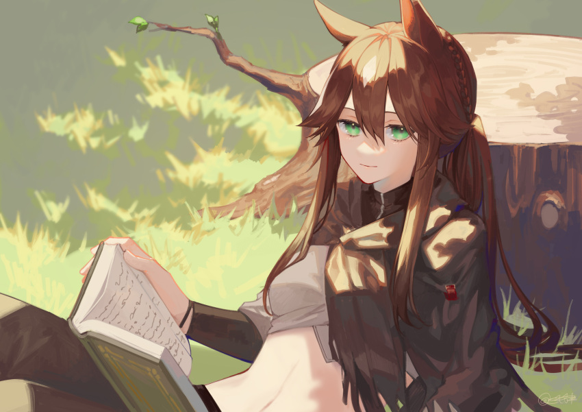1girl absurdres against_tree animal_ears arknights book branch brown_hair grass green_eyes highres horse_ears horse_girl long_hair looking_at_viewer meteor_(arknights) miike_(992058) navel open_book reading sitting solo stomach tree tree_stump