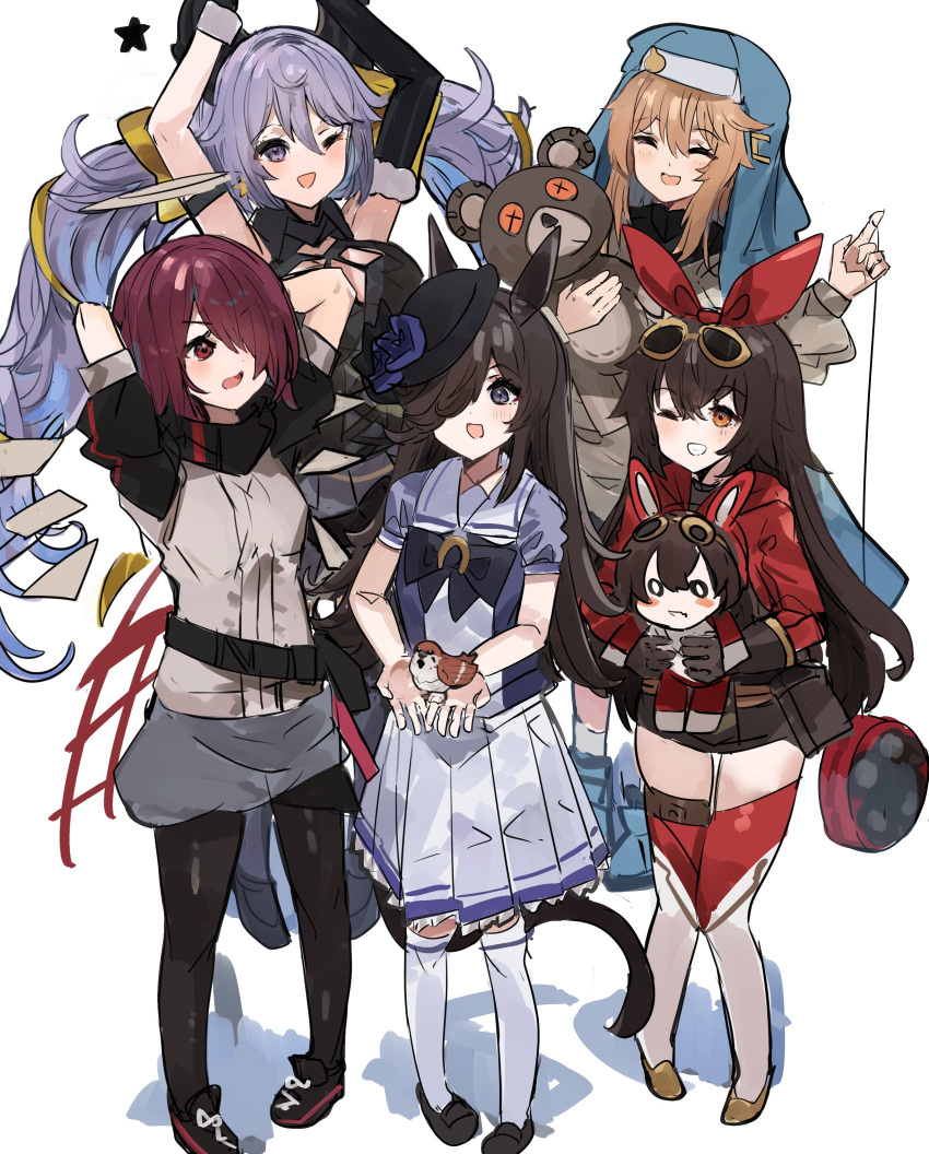 1boy 4girls amber_(genshin_impact) arknights bird bridget_(guilty_gear) commentary_request exusiai_(arknights) genshin_impact granblue_fantasy guilty_gear hair_between_eyes hair_ornament hair_over_one_eye highres long_hair looking_at_viewer multiple_girls one_eye_closed rice_shower_(umamusume) satyr_(granblue_fantasy) school_uniform simple_background the_olphy thigh-highs tracen_school_uniform voice_actor_connection white_background