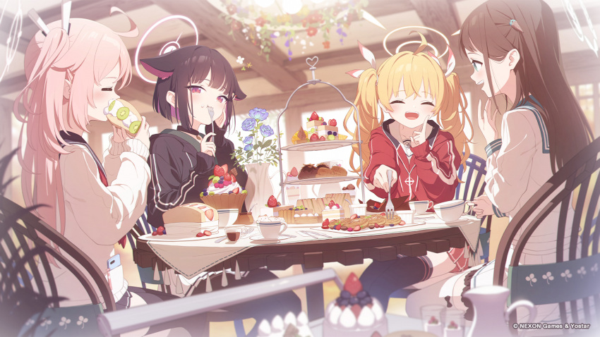4girls ahoge airi_(blue_archive) animal_ears bangs black_choker black_hair black_sailor_collar black_thighhighs blonde_hair blue_archive blue_sailor_collar blush brown_hair cake cake_slice cardigan chair choker collarbone colored_inner_hair cream creamer_(vessel) cup dessert flower food food-themed_hair_ornament fork frilled_skirt frills fruit green_eyes hair_ornament hair_ribbon hairclip halo hennnachoco highres holding hood hooded_jacket ice_cream_hair_ornament indoors jacket kazusa_(blue_archive) long_hair long_sleeves miniskirt multicolored_hair multiple_girls natsu_(blue_archive) neckerchief open_mouth pantyhose parfait pastry pink_eyes pink_hair pink_neckerchief pleated_skirt red_jacket red_neckerchief ribbon sailor_collar sandwich saucer school_uniform serafuku short_hair side_ponytail sitting skirt strawberry sweets table tablecloth teacup thigh-highs tiered_tray track_jacket translucent twintails two-tone_hair white_cardigan white_serafuku white_skirt yoshimi_(blue_archive)