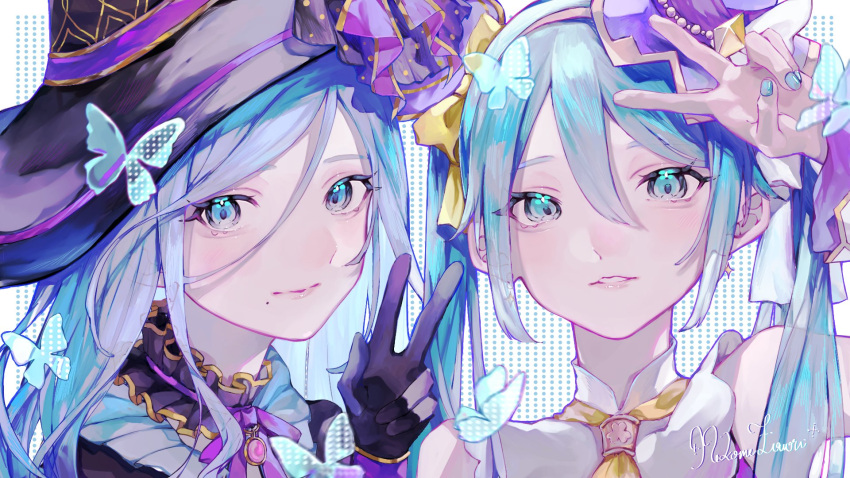 2girls black_gloves black_headwear blue_butterfly blue_eyes blue_hair blue_nails brooch bug butterfly closed_mouth colorful_palette fingernails gloves hair_between_eyes hand_up hat hatsune_miku highres hinomori_shizuku jewelry looking_at_viewer mini_hat mini_top_hat mole mole_under_mouth multiple_girls nail_polish neck_ribbon polka_dot project_sekai purple_ribbon ribbon signature smile top_hat twitter_username v witch_hat