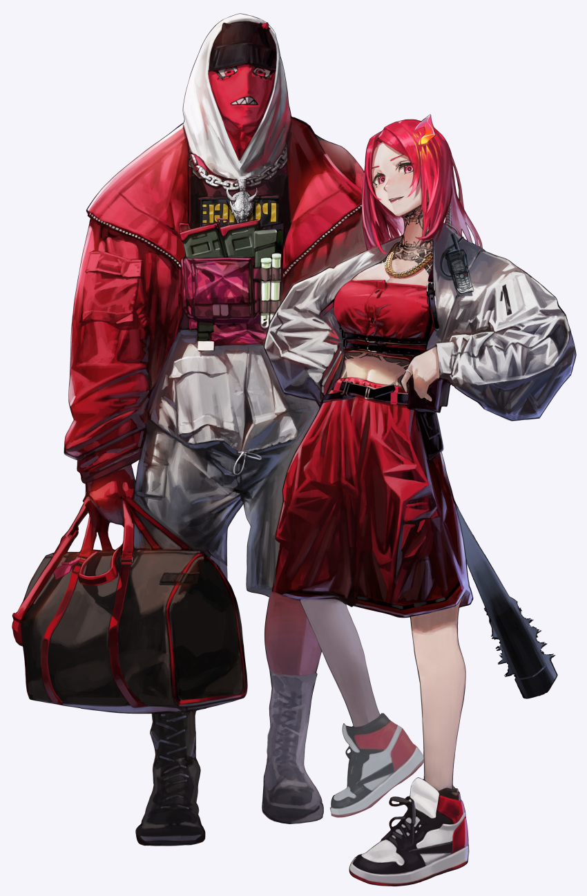 1boy 1girl absurdres bag beanie belt black_headwear chain coat colored_skin gloves grey_pants hat highres holding holding_bag hood hood_up jewelry long_hair midriff necklace original pants parted_lips pink_eyes red_coat red_gloves red_skin red_skirt redhead ryoga shoes simple_background skirt smile sneakers spiked_bat white_background