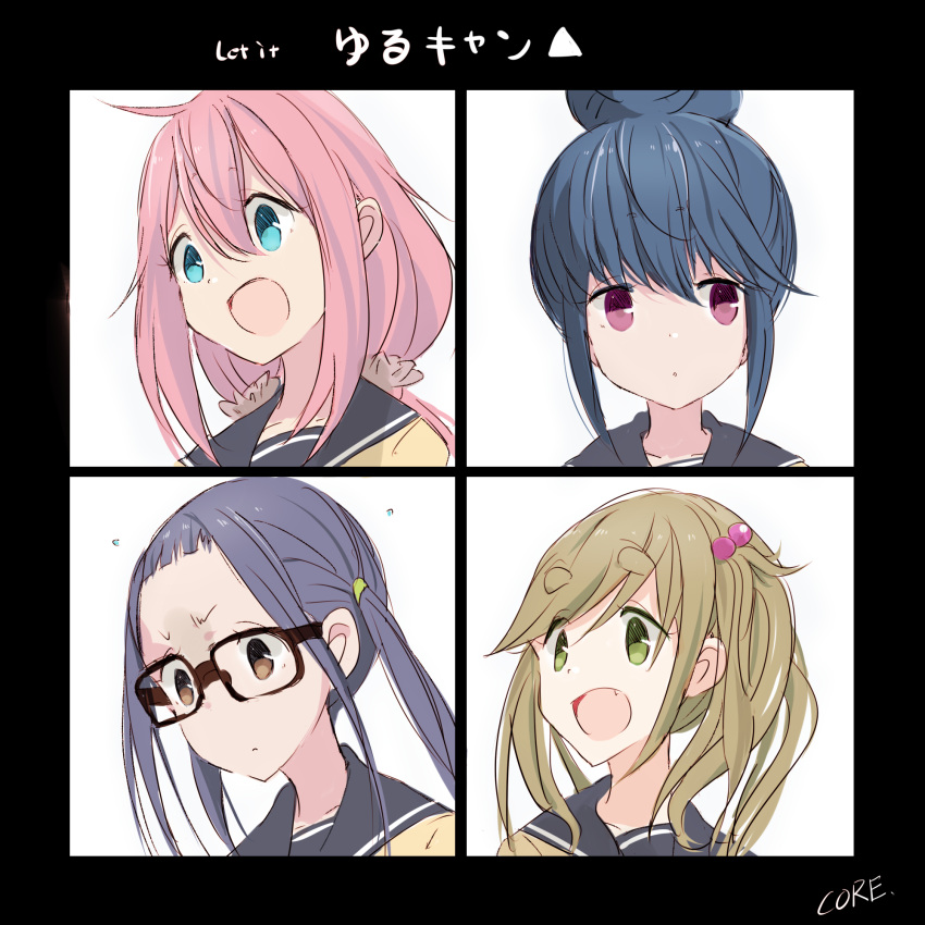 4girls album_cover album_cover_redraw artist_name bangs blonde_hair blue_eyes blue_hair blue_sailor_collar brown-framed_eyewear brown_eyes commentary_request copyright_name core_(mayomayo) cover derivative_work fang glasses green_eyes hair_between_eyes hair_bobbles hair_bun hair_ornament highres inuyama_aoi kagamihara_nadeshiko let_it_be long_hair looking_to_the_side medium_hair multiple_girls oogaki_chiaki open_mouth parody pink_hair purple_hair sailor_collar school_uniform serafuku shima_rin skin_fang the_beatles violet_eyes yurucamp