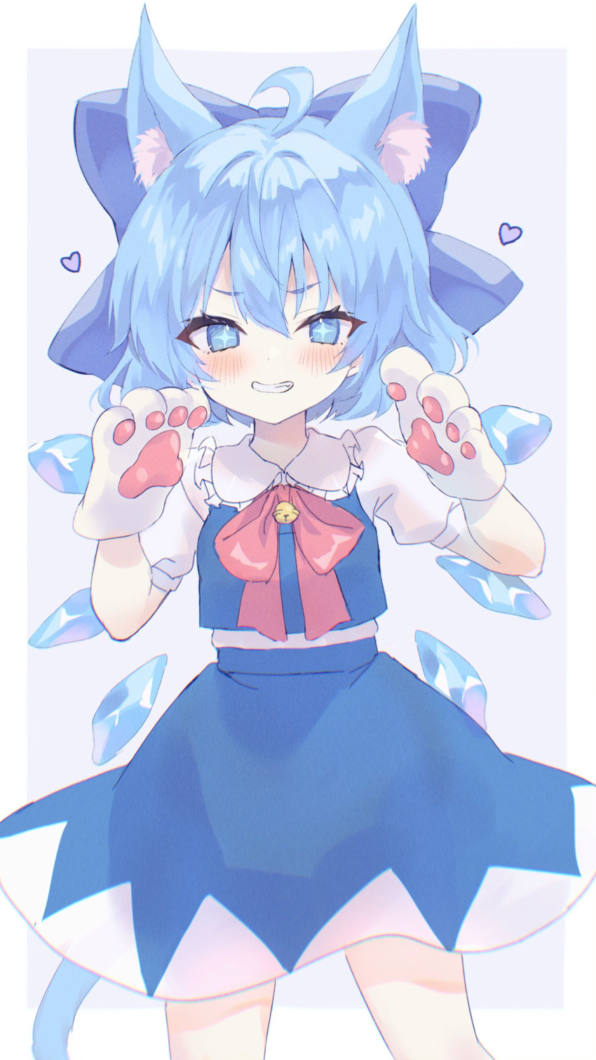 +_+ 1girl absurdres ahoge animal_ear_fluff animal_ears animal_hands bell blue_bow blue_eyes blue_hair blue_skirt blue_vest blush bow cirno collared_shirt commentary_request frilled_shirt_collar frills gloves grey_background grin hair_bow hands_up heart highres honoka_chiffon jingle_bell kemonomimi_mode looking_at_viewer neck_bell paw_gloves pink_bow puffy_short_sleeves puffy_sleeves shirt short_sleeves skirt skirt_set smile solo standing tail touhou two-tone_background vest white_background white_gloves white_shirt