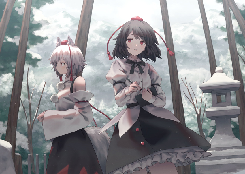 2girls black_bow black_bowtie black_hair black_skirt blush book bow bowtie buttons closed_mouth collared_shirt commentary_request cowboy_shot detached_sleeves dress_shirt forest hat holding holding_book holding_pen inubashiri_momiji juliet_sleeves long_sleeves looking_at_viewer maachi_(fsam4547) medium_hair multiple_girls nature outdoors parted_lips pen pom_pom_(clothes) puffy_sleeves red_eyes red_headwear red_ribbon ribbon shameimaru_aya shirt short_hair skirt sky sleeveless sleeveless_shirt smile snow stone_lantern tail tassel tokin_hat touhou tree white_hair white_shirt white_sleeves wide_sleeves wolf_tail