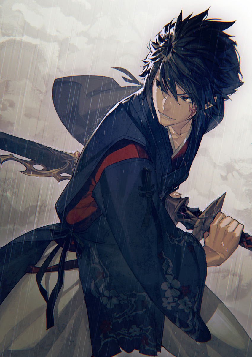 1boy avatar_(ff14) black_hair brown_eyes collarbone facial_tattoo fighting_stance final_fantasy final_fantasy_xiv floral_print hair_between_eyes highres holding holding_sheath holding_sword holding_weapon japanese_clothes katana kyo_(kuroichigo) male_focus outdoors parted_lips rain samurai_(final_fantasy) scabbard sheath smile solo sword tattoo teeth unsheathing weapon