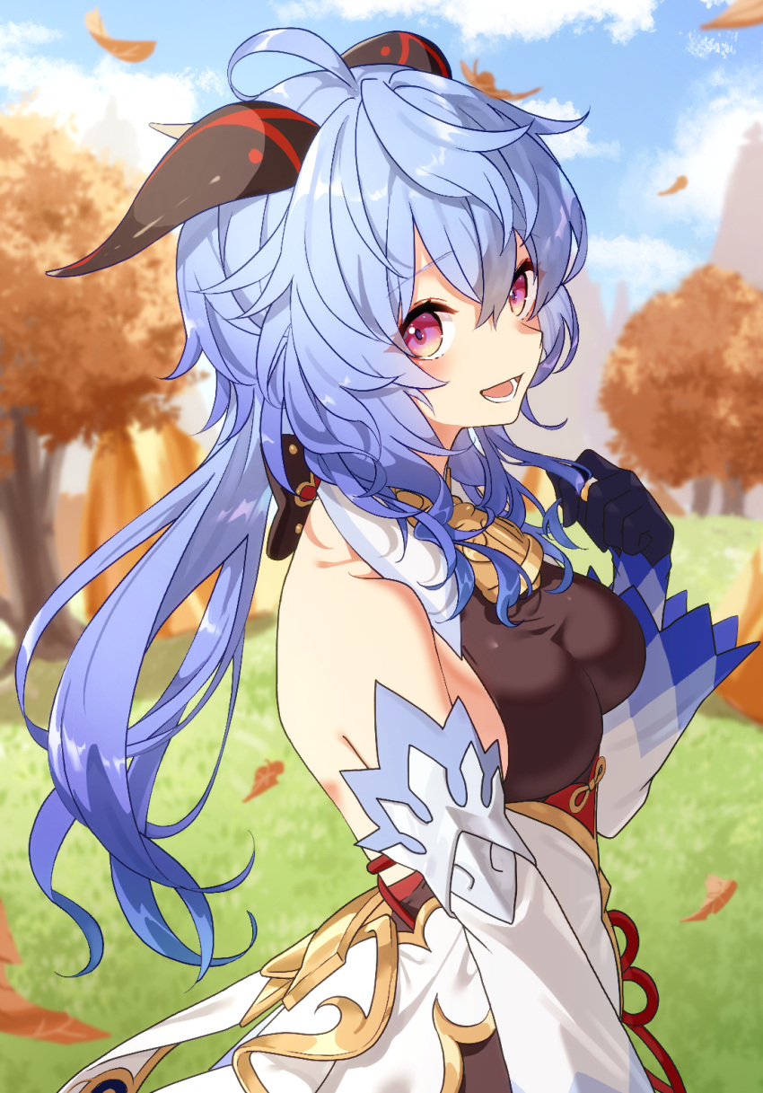 1girl ahoge autumn_leaves bangs bare_shoulders bell black_gloves blue_hair blush breasts detached_sleeves ganyu_(genshin_impact) genshin_impact gloves gold_trim highres horns long_hair looking_at_viewer low_ponytail medium_breasts nage_(sacosui_ng) neck_bell open_mouth outdoors sidelocks smile solo tree upper_body violet_eyes white_sleeves