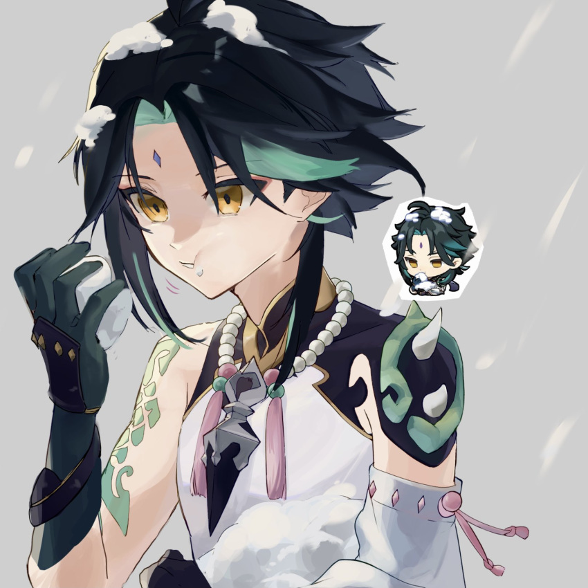 1boy :t amuuu43833927 aqua_hair arm_tattoo asymmetrical_gloves asymmetrical_sleeves bangs bead_necklace beads commentary_request detached_sleeves eating eyeshadow facial_mark forehead_mark genshin_impact genshin_impact_sticker_redraw_(meme) gradient_hair highres jewelry makeup male_focus meme multicolored_hair necklace parted_bangs red_eyeshadow snow_on_head solo spiked_armor tattoo xiao_(genshin_impact) yellow_eyes