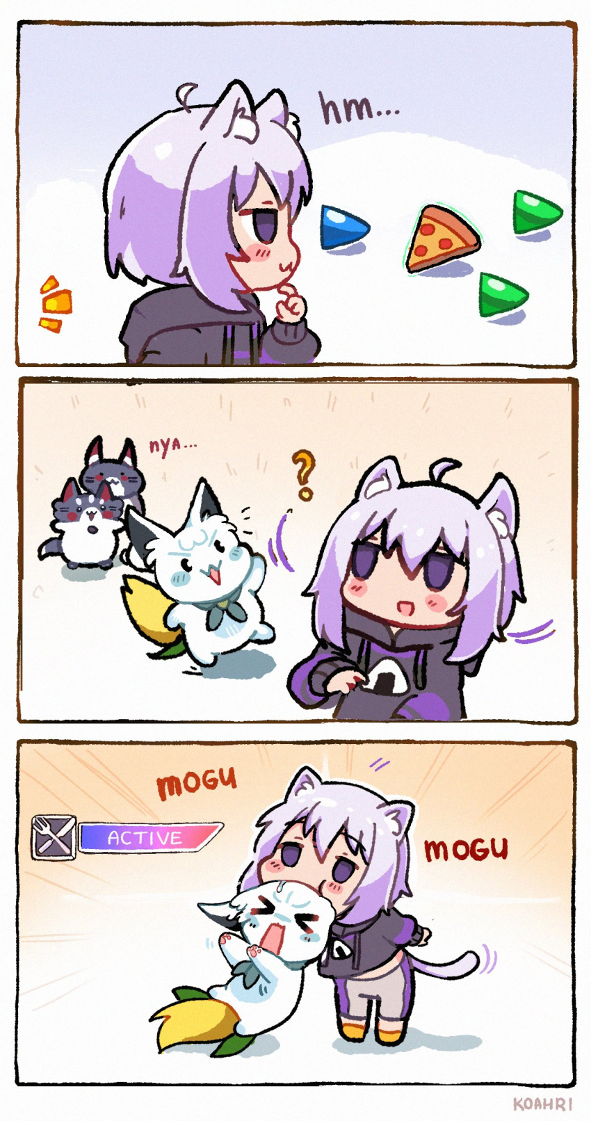 &gt;_&lt; 1girl :3 animal_ears blush_stickers cat_ears cat_tail eating food highres holocure hololive hood hooded_jacket jacket jitome koahri light_purple_hair miochun nekomata_okayu onigiri open_mouth pizza short_hair smile sukonbu_(shirakami_fubuki) tail triangle violet_eyes virtual_youtuber