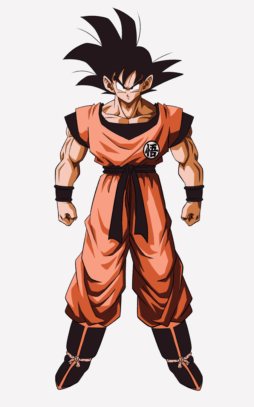 1boy absurdres black_eyes black_hair collarbone dragon_ball dragon_ball_z full_body highres long_hair looking_at_viewer male_focus muscular muscular_male official_style simple_background solo son_goku spiky_hair standing v-shaped_eyebrows white_background yumegiwa-lastboy0112