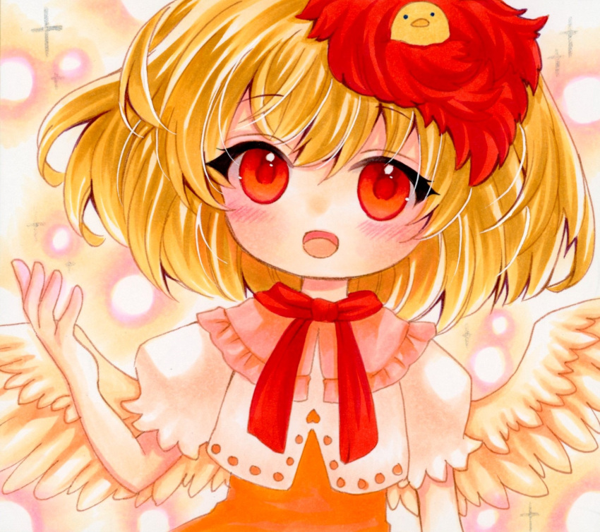 1girl :d animal_on_head bird bird_girl bird_on_head bird_wings blonde_hair blush capelet chicken feathered_wings frilled_capelet frilled_sleeves frills highres looking_at_viewer marker_(medium) medium_hair multicolored_hair niwatari_kutaka on_head open_mouth pink_capelet puffy_short_sleeves puffy_sleeves red_eyes redhead short_sleeves simple_background smile touhou traditional_media two-tone_hair wings yuuki_hana_(jtnp5334)