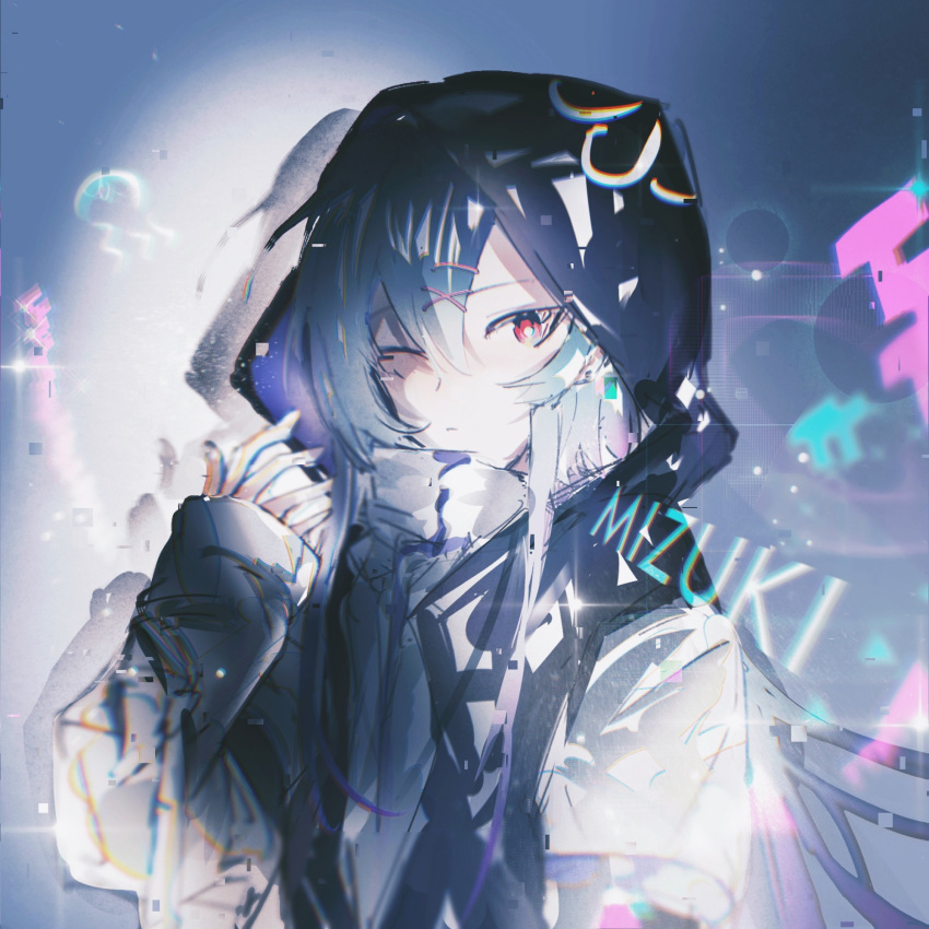 1boy arknights bishounen blue_hair character_name hair_ornament hairclip hand_up highres hood hoodie jellyfish looking_at_viewer male_focus mizuki_(arknights) one_eye_closed rann-n short_hair solo sparkle_background upper_body violet_eyes