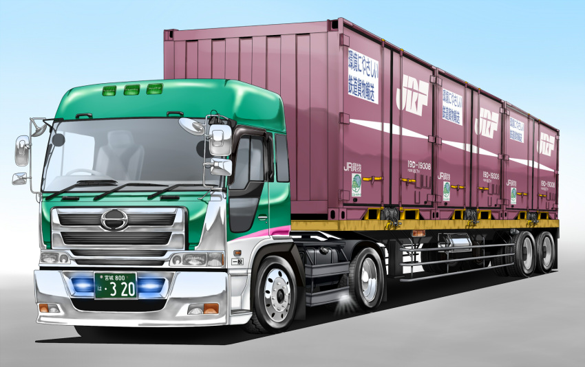 blue_background commentary_request flatbed_truck gradient gradient_background grey_background ground_vehicle highres hino_(brand) license_plate motor_vehicle nanohapoi no_humans original semi_truck shipping_container trailer truck vehicle_focus vehicle_request