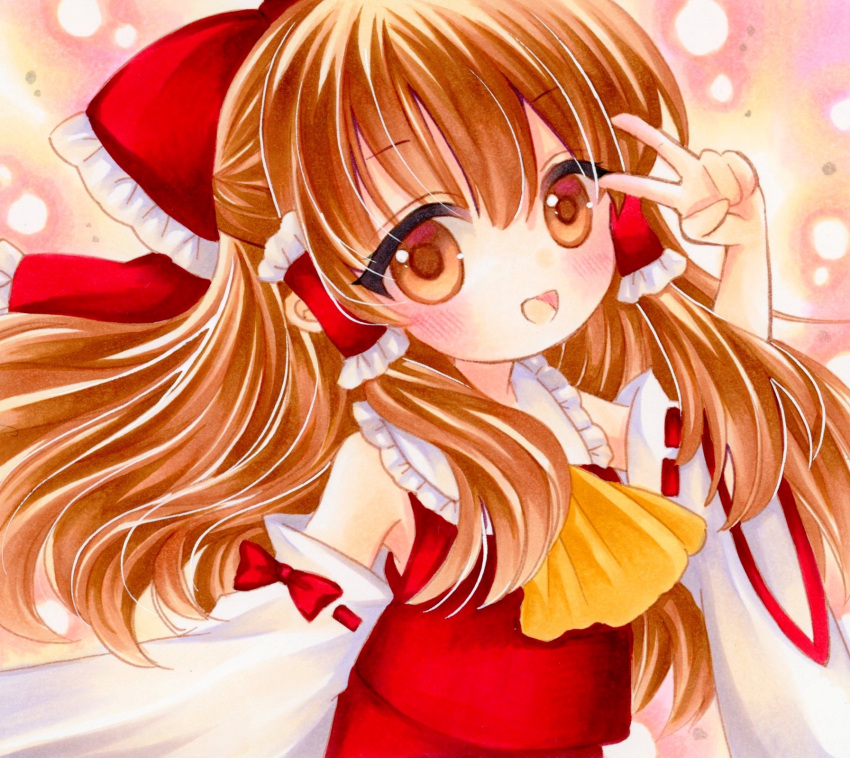 1girl :d ascot bow brown_eyes brown_hair detached_sleeves frilled_bow frilled_shirt_collar frills hair_between_eyes hair_bow hakurei_reimu head_tilt highres long_hair looking_at_viewer marker_(medium) open_mouth red_bow red_ribbon red_shirt ribbon ribbon-trimmed_sleeves ribbon_trim shirt simple_background sleeveless sleeveless_shirt smile solo touhou traditional_media upper_body v wide_sleeves yellow_ascot yuuki_hana_(jtnp5334)
