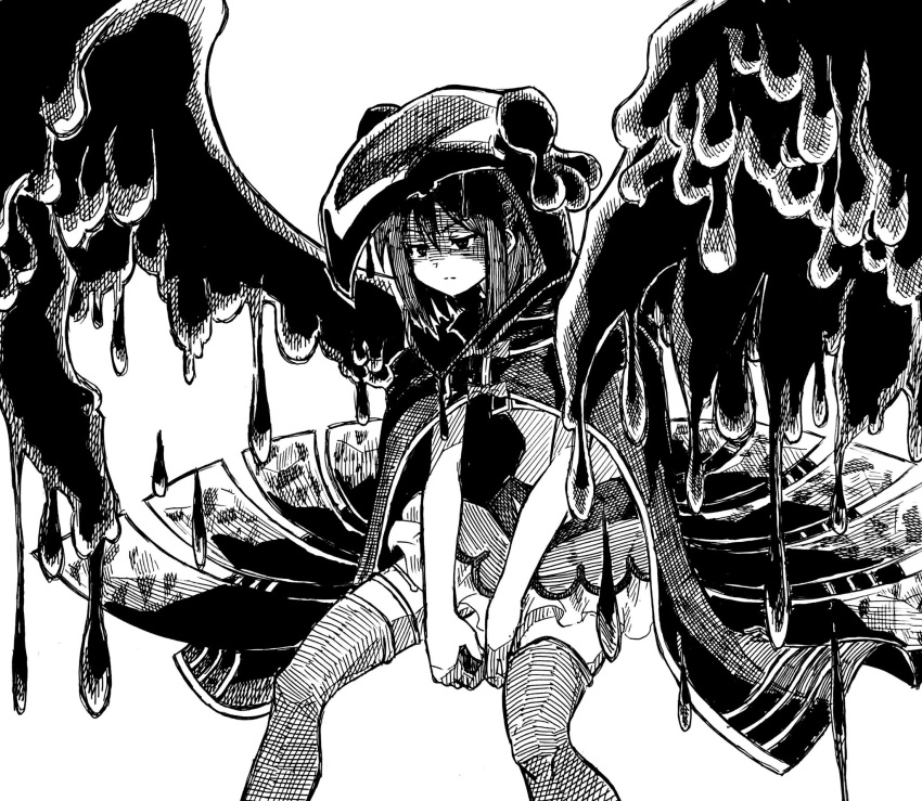 1girl angry bangs between_legs bow cloak closed_mouth doppel_(madoka_magica) feet_out_of_frame greyscale hand_between_legs harumayago hatching_(texture) highres hood hood_up hooded_cloak hunched_over ichizo_(madoka_magica) kuroe_(madoka_magica) magia_record:_mahou_shoujo_madoka_magica_gaiden magical_girl mahou_shoujo_madoka_magica midriff miniskirt monochrome shaded_face short_hair simple_background skirt solo split_mouth thigh-highs thighlet white_background wings