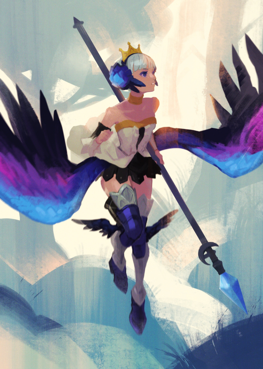 1girl absurdres armor black_skirt black_thighhighs black_wings blue_armor blue_flower blue_gemstone blue_wings choker clenched_hand domodesu eyelashes eyeshadow feathered_wings film_grain flower flying gem gold_choker grass greaves grey_hair gwendolyn_(odin_sphere) hair_flower hair_ornament high_heels highres holding holding_staff low_wings makeup mini_wings multicolored_wings odin_sphere off_shoulder outdoors painterly parted_lips purple_eyeshadow purple_wings silhouette skirt solo staff teeth thigh-highs tiara tree violet_eyes wings