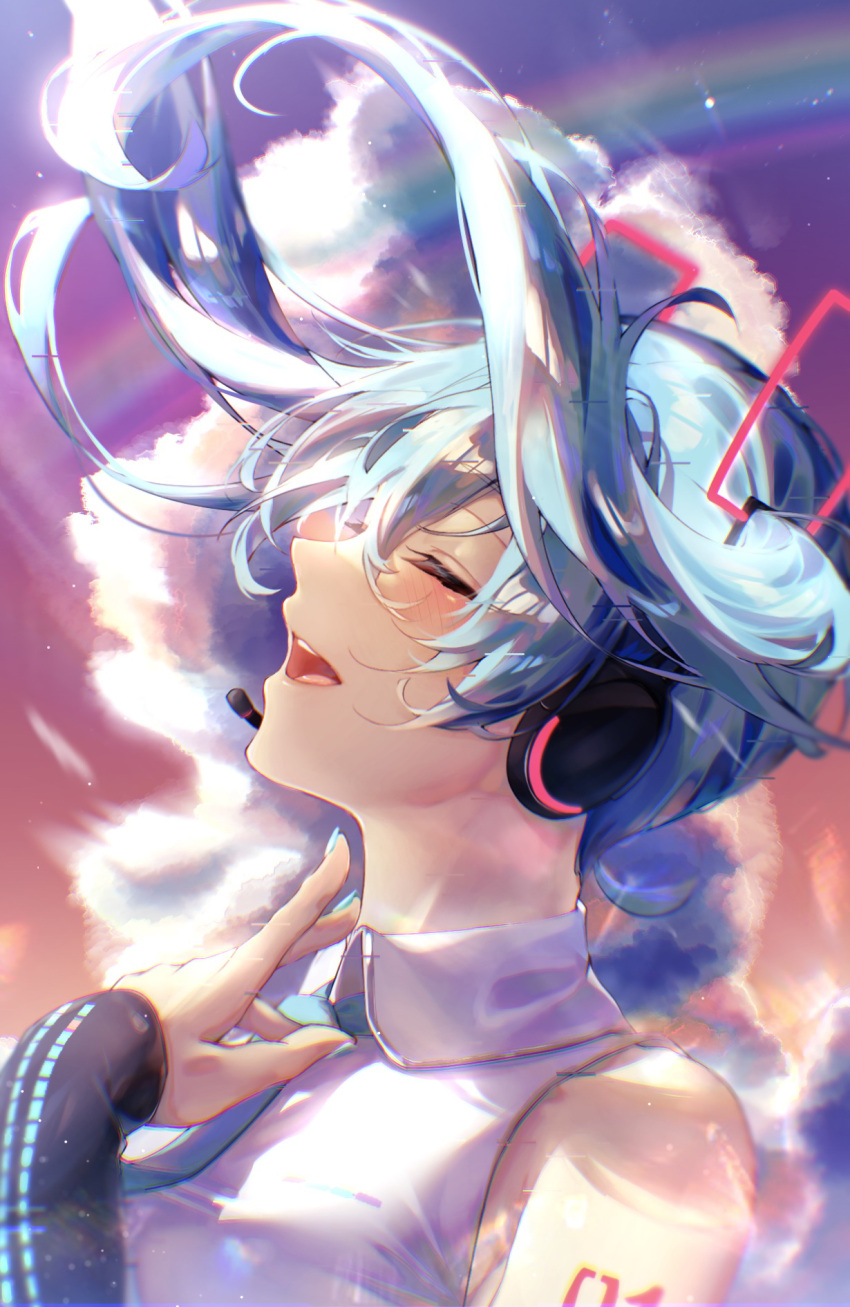 1girl :d arm_tattoo black_sleeves blue_hair blue_necktie closed_eyes collared_shirt detached_sleeves dusk floating_hair gradient_sky hatsune_miku hatsune_miku_(vocaloid4) headphones headset highres long_hair long_sleeves microphone necktie number_tattoo open_mouth outdoors pink_sky purple_sky shirt sky sleeveless sleeveless_shirt sleeves_past_wrists smile solo tattoo twintails upper_body v4x vocaloid white_shirt wing_collar yusha_(lv1_yusha_522)