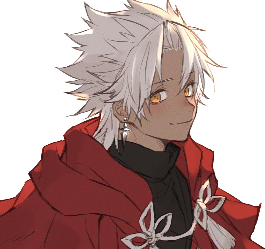 1boy amakusa_shirou_(fate) bangs blush cape closed_mouth dark-skinned_male dark_skin earrings fate/apocrypha fate/grand_order fate_(series) highres jewelry looking_at_viewer male_focus parted_bangs priest red_cape short_hair simple_background smile solo spiky_hair tassel tofu_(bean359) upper_body white_background white_hair yellow_eyes