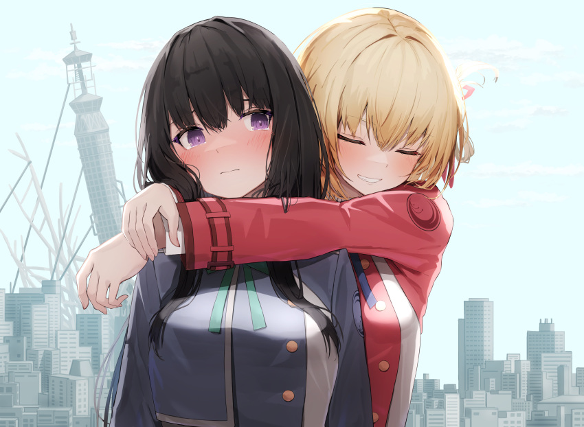 2girls absurdres aqua_ribbon arms_around_neck arms_at_sides bangs behind_another black_hair blonde_hair blue_jacket blue_ribbon blue_sky blush breasts building buttons city closed_eyes closed_mouth clouds commentary_request day fingernails grin hair_between_eyes hair_ribbon hands_up highres hore_(user_frns7872) inoue_takina jacket long_hair long_sleeves looking_at_viewer lycoris_recoil medium_breasts multiple_girls neck_ribbon nishikigi_chisato one_side_up outdoors parted_lips red_jacket red_ribbon ribbon short_hair sidelocks sky skyscraper smile tearing_up tower upper_body violet_eyes wavy_mouth yuri