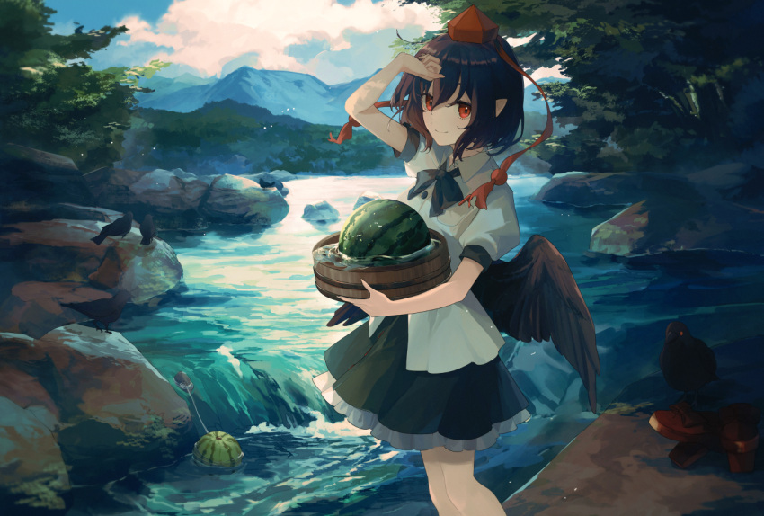 1girl animal bird bird_wings black_hair black_skirt black_wings closed_mouth collared_shirt crow day feathered_wings food frilled_skirt frills fruit hair_between_eyes hat holding koito_(bowstringsmall) pointy_ears puffy_short_sleeves puffy_sleeves red_eyes red_headwear river shameimaru_aya shirt short_hair short_sleeves skirt smile solo tokin_hat touhou watermelon white_shirt wings