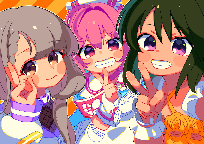 3girls absurdres bangs black_hair braid brown_eyes grey_hair highres hisakawa_nagi idolmaster idolmaster_cinderella_girls long_sleeves moai_(more_e_4km) multiple_girls natalia_(idolmaster) orange_background outline parted_lips pink_eyes pink_hair smile striped striped_background upper_body v violet_eyes white_outline yumemi_riamu