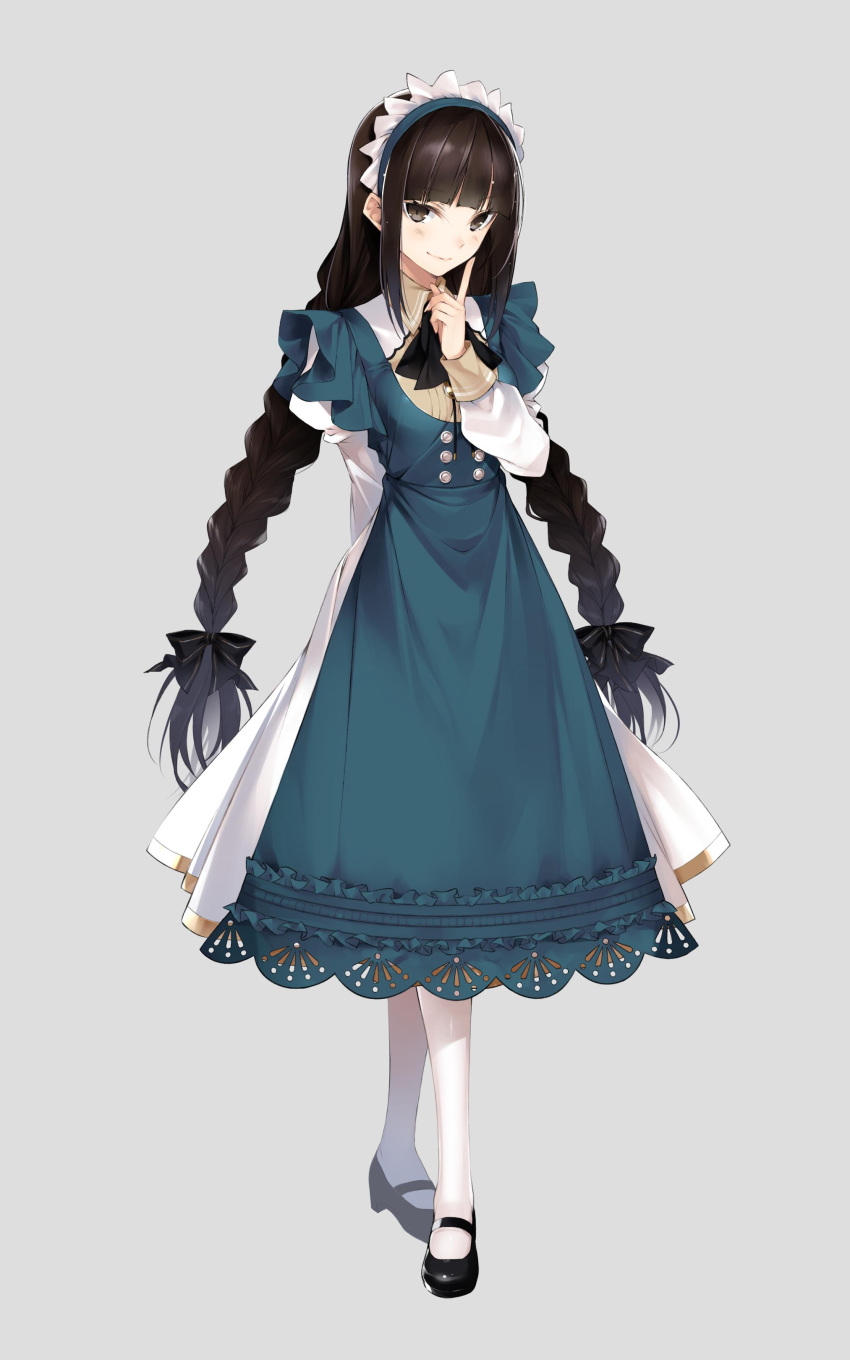 1girl absurdres blue_dress braid copyright_request dress hario_4 highres index_finger_raised juliet_sleeves long_hair long_sleeves low-tied_long_hair maid_headdress mary_janes puffy_sleeves shoes simple_background solo twin_braids very_long_hair