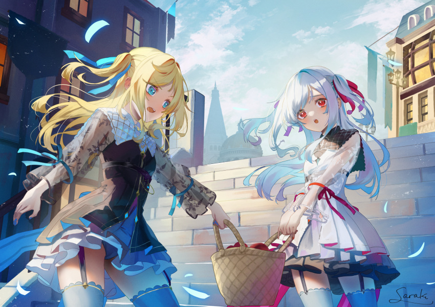 2girls :o bangs basket black_dress black_thighhighs blonde_hair blue_bow blue_eyes blue_skirt blue_sky bow building clouds commentary_request day dress garter_straps grey_hair grey_skirt hair_bow highres holding holding_basket long_hair multiple_girls open_mouth original outdoors parted_bangs pleated_dress pleated_skirt red_bow red_eyes saraki see-through see-through_sleeves siblings signature skirt sky stairs stone_stairs thigh-highs tower twins two_side_up very_long_hair white_dress window