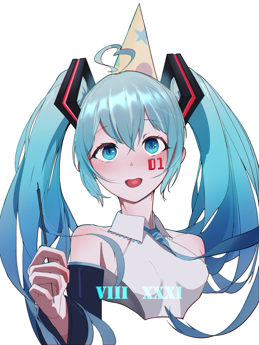 absurdres bad_id bad_pixiv_id blue_eyes blue_hair blush collar detached_sleeves hat hatsune_miku highres long_hair long_sleeves necktie number_tattoo open_mouth party_hat shio_ramen shirt smile tattoo twintails vocaloid white_background white_shirt