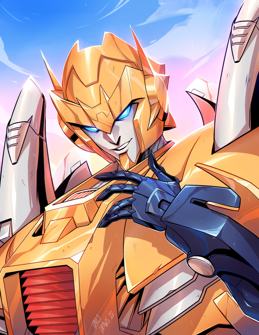 absurdres blue_eyes clouds commission english_commentary highres lina_rojas looking_at_viewer mecha metalhawk open_hand portrait robot science_fiction sky solo the_transformers_(idw) transformers