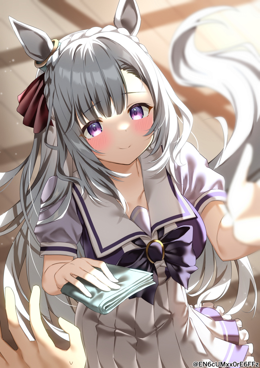 1girl 1other absurdres animal_ears bangs black_bow bow breasts closed_mouth frilled_skirt frills grey_hair highres horse_ears horse_girl horse_tail indoors large_breasts long_hair looking_at_viewer medium_skirt mejiro_ardan_(umamusume) outstretched_hand pleated_skirt purple_shirt sailor_collar school_uniform serafuku shirt short_sleeves skirt smile tail umamusume very_long_hair violet_eyes white_sailor_collar white_skirt yamano_rokamizu