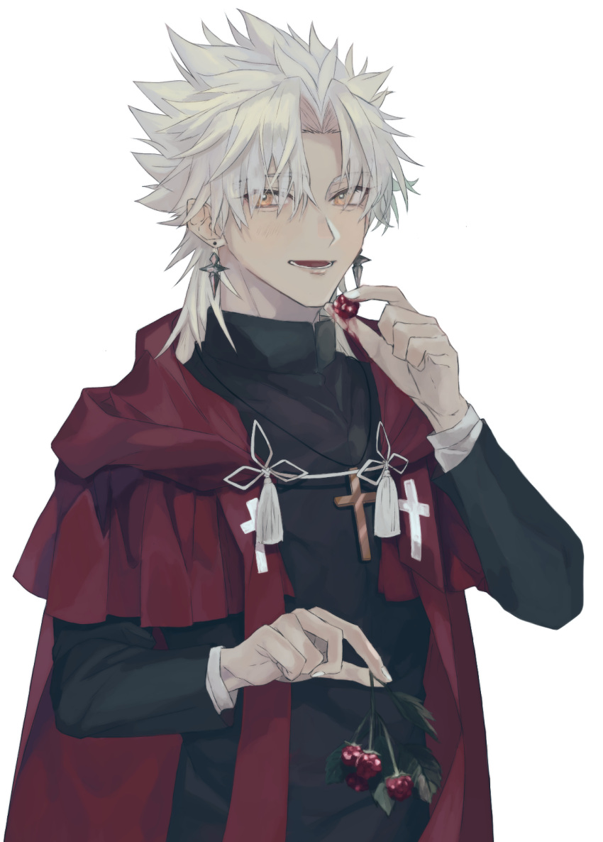 1boy amakusa_shirou_(fate) bangs brown_eyes cape closed_mouth commentary_request cross cross_necklace cross_print dark-skinned_male dark_skin earrings fate/apocrypha fate/grand_order fate_(series) food fruit highres holding holding_food holding_fruit jewelry light_smile long_sleeves looking_at_viewer male_focus mutsu_(621300) necklace open_mouth parted_bangs priest red_cape short_hair simple_background smile solo spiky_hair stole tassel upper_body white_background white_hair yellow_eyes