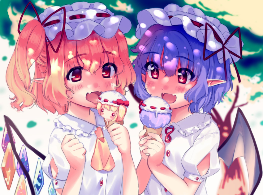 2girls :d ascot bangs bat_wings blonde_hair blurry blurry_background blush buttons character_food clothing_cutout crystal day diamond-shaped_pupils diamond_(shape) eyes_visible_through_hair fangs flandre_scarlet flat_chest frilled_shirt_collar frills hair_between_eyes happy hat hat_ribbon highres holding_ice_cream light lisa_(faeuna) melting mob_cap multiple_girls one_side_up open_mouth pointy_ears puffy_sleeves purple_hair red_eyes red_ribbon remilia_scarlet ribbon shirt short_hair short_sleeves siblings simple_background sisters skin_fangs smile symbol-shaped_pupils tongue tongue_out touhou tree upper_body white_shirt wings yellow_ascot