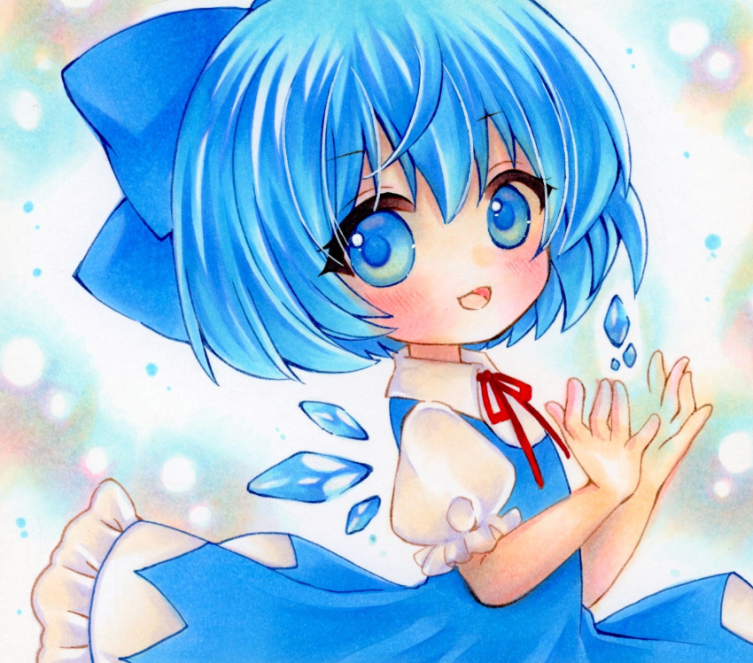 1girl blue_bow blue_dress blue_eyes blue_hair bow cirno collared_shirt detached_wings dress frilled_dress frilled_sleeves frills from_side hair_bow highres ice ice_wings looking_at_viewer looking_to_the_side marker_(medium) neck_ribbon open_mouth pinafore_dress puffy_short_sleeves puffy_sleeves red_ribbon ribbon shirt short_hair short_sleeves simple_background smile solo touhou traditional_media white_shirt wings yuuki_hana_(jtnp5334)