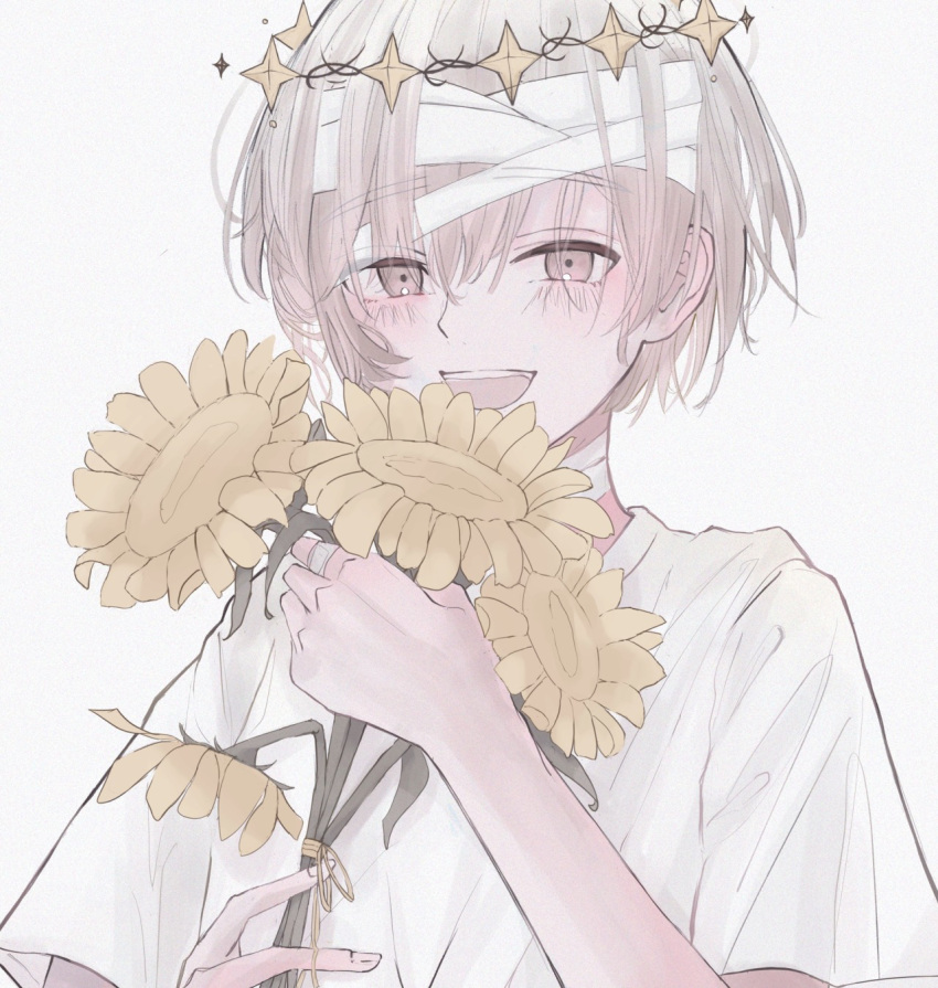 1boy angel angel_wings flower grey_eyes grey_hair halo highres looking_at_viewer male_child male_focus niufog open_mouth original shirt short_hair short_sleeves solo sunflower white_background white_shirt wings yellow_flower