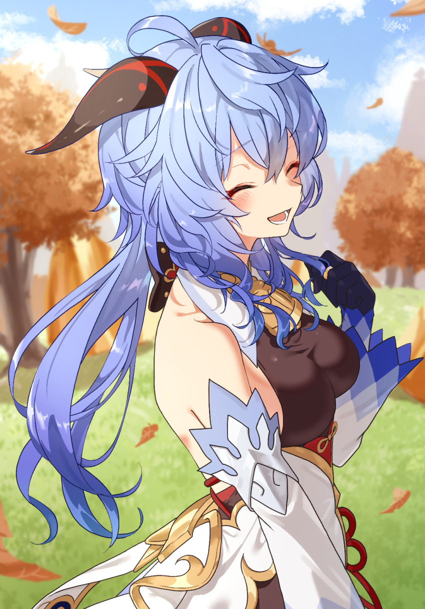 1girl ahoge autumn_leaves bangs bare_shoulders bell black_gloves blue_hair blush breasts closed_eyes detached_sleeves ganyu_(genshin_impact) genshin_impact gloves gold_trim highres horns long_hair looking_at_viewer low_ponytail medium_breasts nage_(sacosui_ng) neck_bell open_mouth outdoors sidelocks smile solo tree upper_body white_sleeves