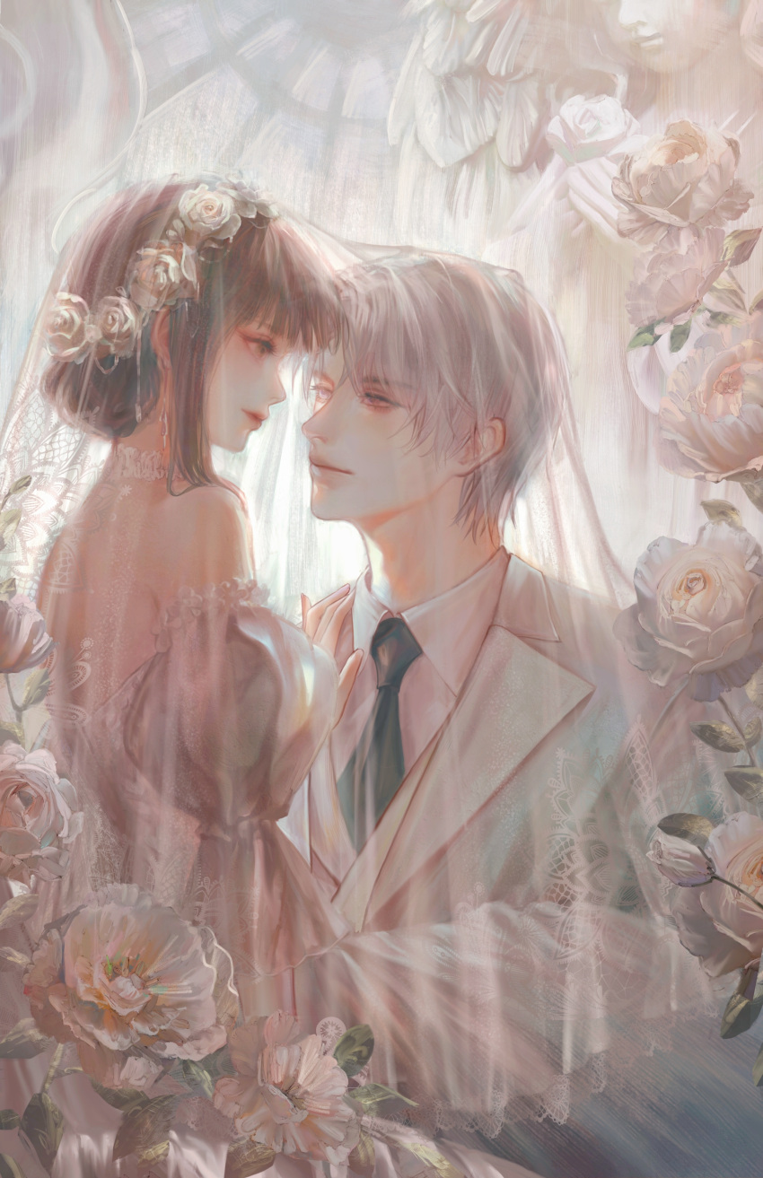 1boy 1girl absurdres black_necktie bridal_veil charlie_su couple dress face-to-face flower gloves hair_flower hair_ornament highres husband_and_wife jiaopiupiu light_and_night_love necktie profile protagonist_(light_and_night_love) puffy_sleeves rose short_hair uniform veil vest wedding_dress white_flower white_gloves white_rose white_vest