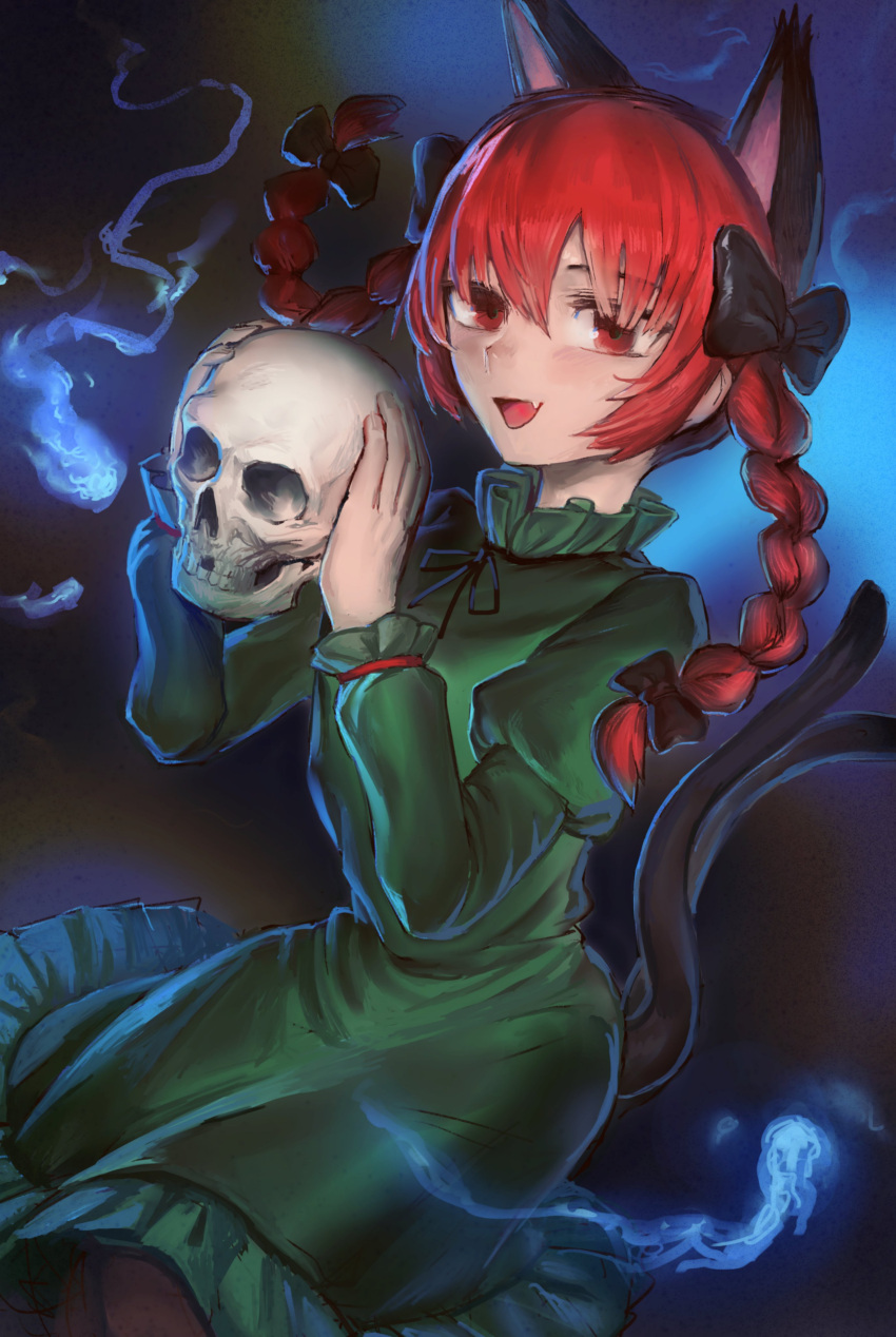 1girl absurdres animal_ears black_bow blue_fire bow braid cat_ears cat_tail dress fire green_dress hair_bow hakonnbo highres hitodama kaenbyou_rin long_sleeves multiple_tails nekomata pantyhose red_eyes redhead skull solo tail touhou twin_braids two_tails