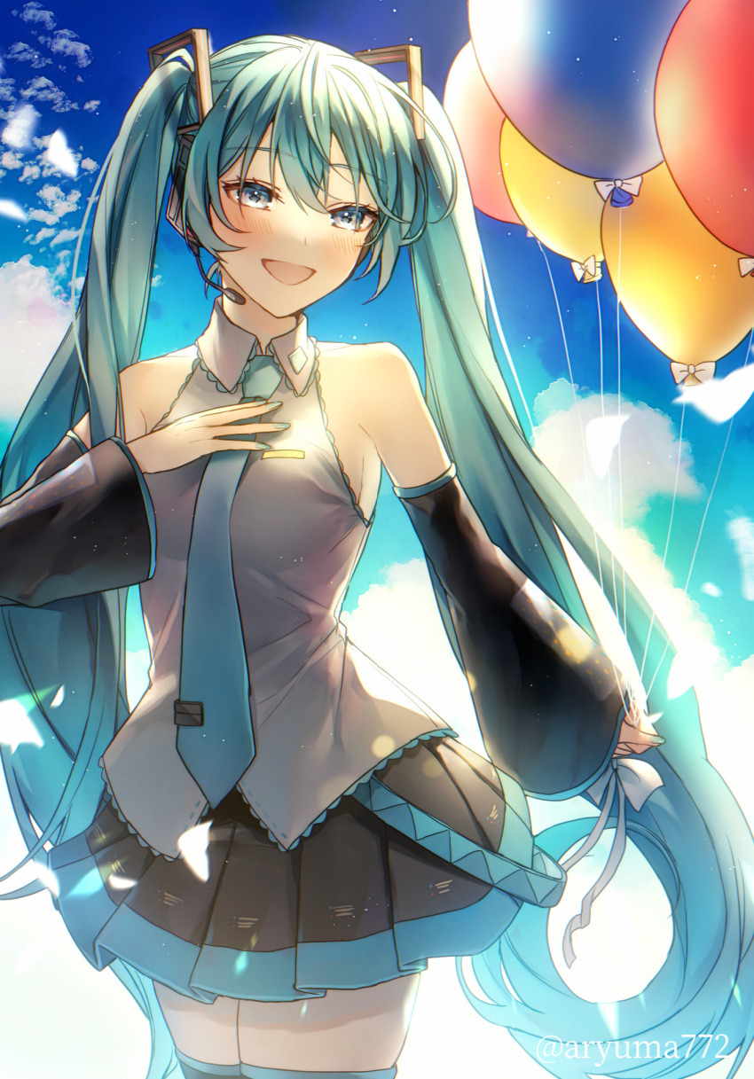 1girl :d aryuma772 balloon bangs black_skirt black_sleeves blue_eyes blue_hair blue_necktie blue_skirt blush bow breasts collared_shirt cowboy_shot detached_sleeves grey_shirt hair_between_eyes hair_ornament hatsune_miku headphones headset highres holding long_hair long_sleeves miniskirt necktie pleated_skirt shirt sideboob skirt sleeveless sleeveless_shirt small_breasts smile solo standing thigh-highs twintails twitter_username two-tone_skirt very_long_hair vocaloid watermark white_bow wing_collar zettai_ryouiki