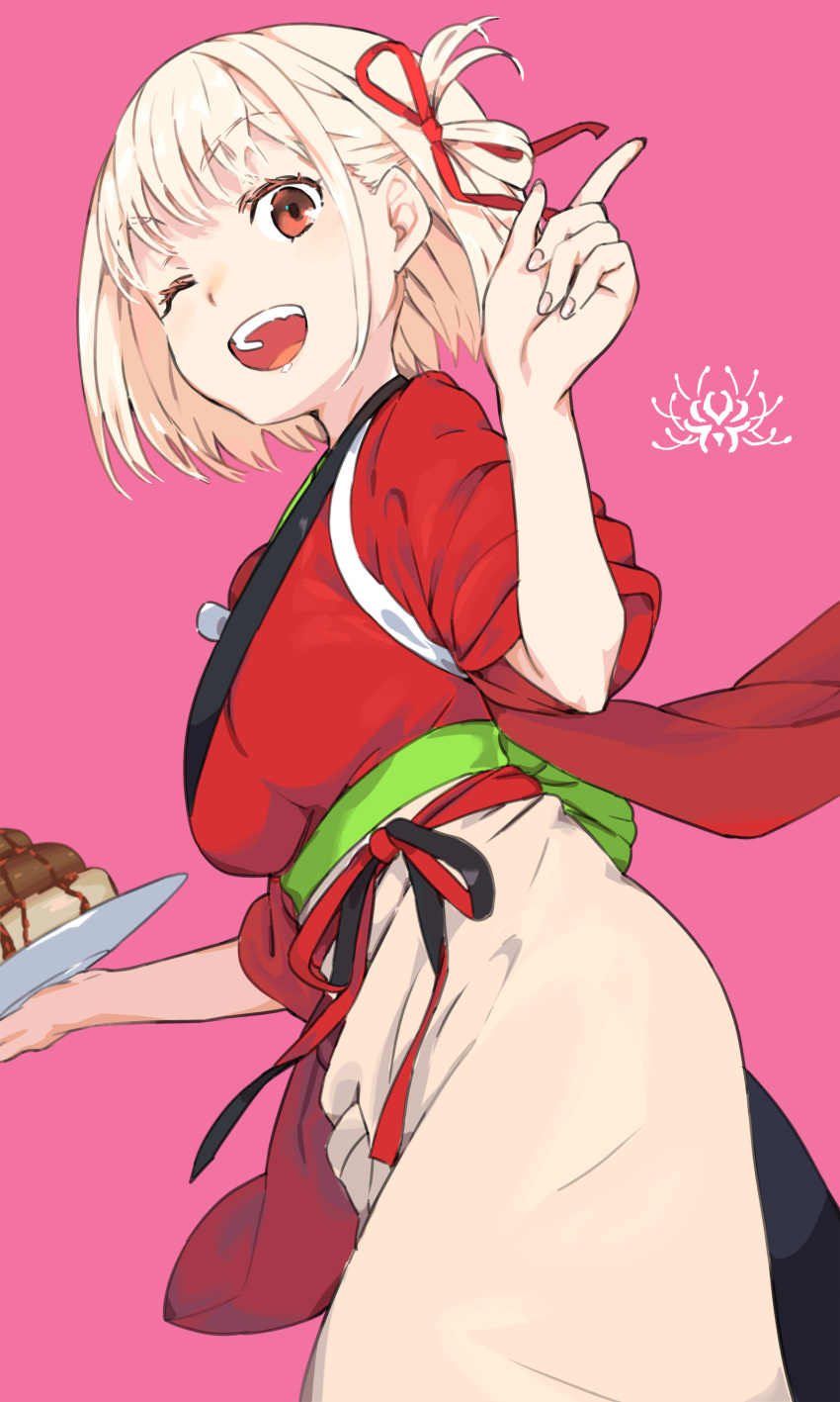 1girl ;d absurdres bangs blonde_hair bob_cut bow fingernails green_bow haimura_kiyotaka hair_ribbon highres japanese_clothes kimono lycoris_recoil nishikigi_chisato one_eye_closed open_mouth parfait plate red_eyes red_kimono red_ribbon ribbon short_hair smile solo waist_bow waitress