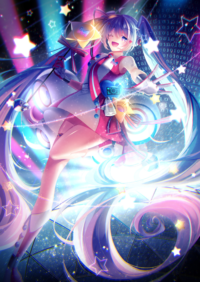 1girl ;d blue_hair boots commentary dress dutch_angle english_commentary filiananna floating_hair gloves grey_gloves hair_ornament hatsune_miku headphones highres holding knee_boots leg_up long_hair magical_mirai_(vocaloid) magical_mirai_miku magical_mirai_miku_(2022) multicolored_hair one_eye_closed pink_hair red_gloves short_dress sleeveless sleeveless_dress smile solo standing standing_on_one_leg two-tone_gloves very_long_hair violet_eyes vocaloid