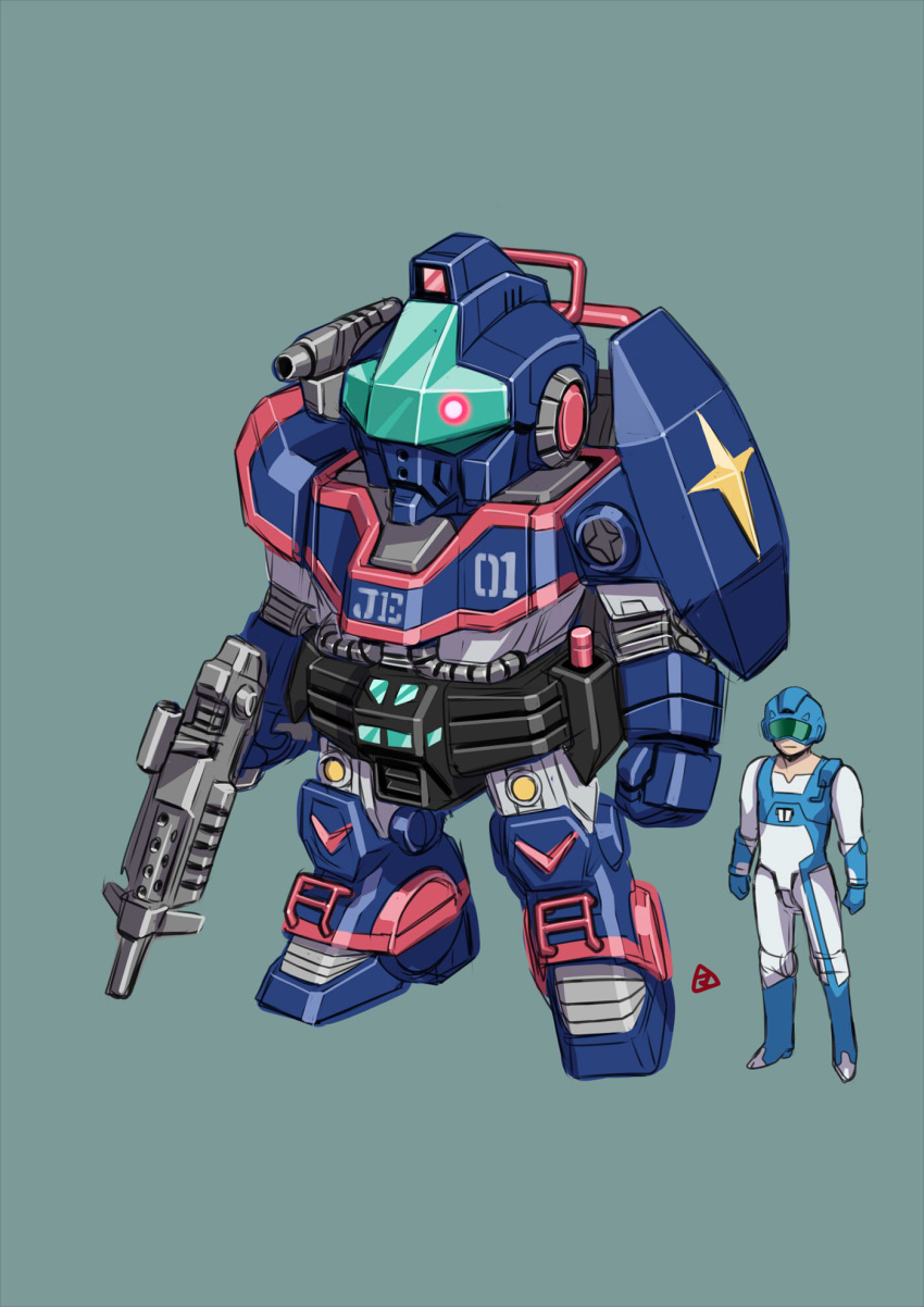 1boy battle_suit_camui clenched_hand clenched_hands glowing glowing_eye gun helmet highres holding holding_gun holding_weapon mecha mercy_rabbit red_eyes redesign robot science_fiction shield shoulder_cannon the_animage weapon