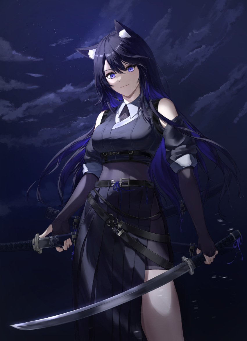 1girl absurdres animal_ear_fluff animal_ears bare_shoulders beads belt black_hair blue_hair closed_mouth clouds cloudy_sky eyelashes hair_between_eyes highres holding holding_sheath holding_sword holding_weapon kao_1025 katana long_eyelashes long_hair looking_at_viewer multicolored_hair night night_sky original outdoors scabbard sheath sky smile solo star_(sky) sword two-tone_hair unsheathed unsheathing violet_eyes weapon