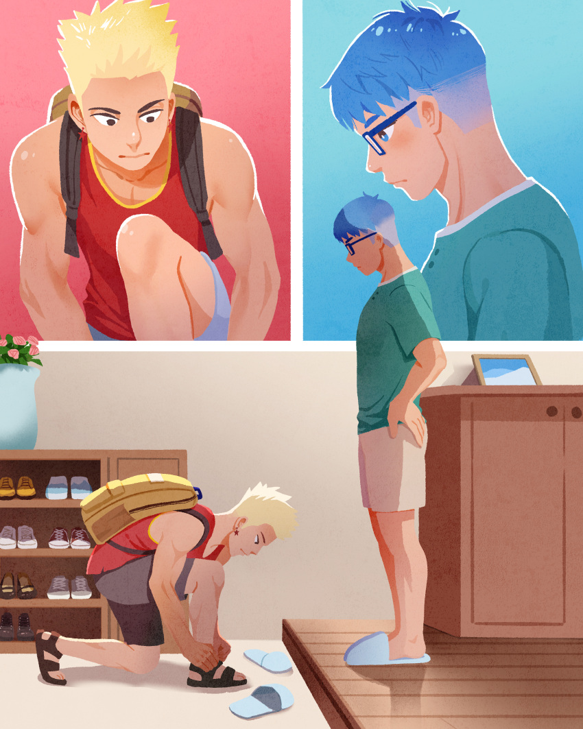 2boys absurdres aqua_shirt backpack bag black_shorts blonde_hair blue_hair brown_shorts closed_mouth earrings gaydio_zrong gin_(gaydio_zrong) glasses highres jewelry jiu_(gaydio_zrong) looking_at_another male_focus multiple_boys original red_tank_top sandals shirt short_hair shorts slippers tank_top undercut