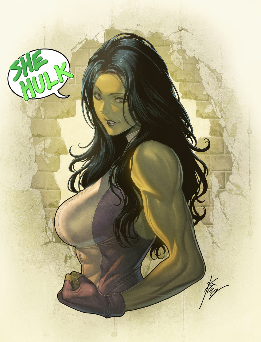 1girl abs bare_arms bare_shoulders biceps black_hair breasts brick_wall broad_shoulders broken_wall clenched_hand colored_skin covered_abs fingerless_gloves gloves green_skin highres homare_(fool's_art) large_breasts lips long_hair marvel muscular muscular_female she-hulk signature smile speech_bubble violet_eyes wall