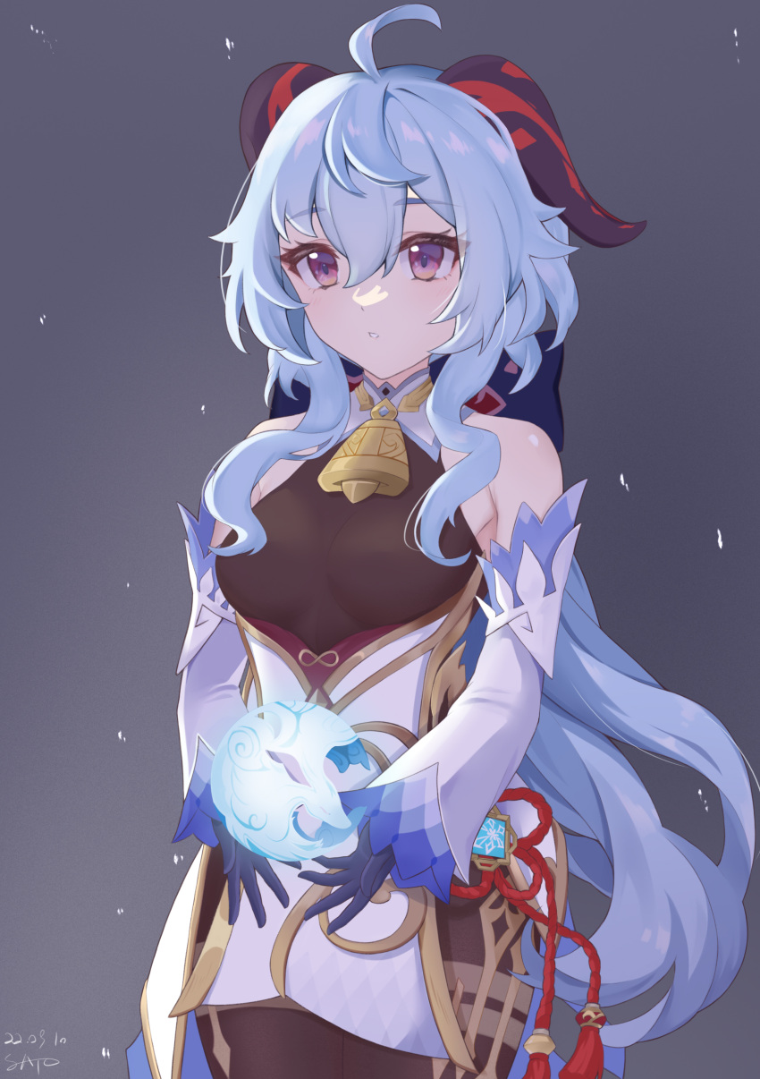 1girl absurdres ahoge bangs bare_shoulders bell blue_gloves blue_hair bow breasts chinese_knot dated detached_sleeves flower_knot ganyu_(genshin_impact) genshin_impact gloves gold_trim highres horns long_hair looking_at_viewer medium_breasts nanzii_shengtu_a neck_bell orb parted_lips qilin_(mythology) sidelocks signature solo tassel violet_eyes vision_(genshin_impact) white_sleeves