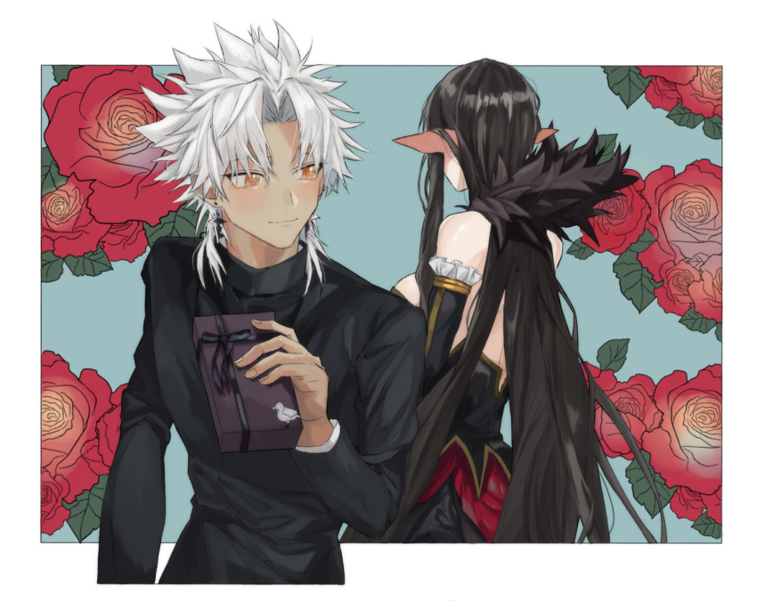 1boy 1girl absurdly_long_hair amakusa_shirou_(fate) back bangs bare_shoulders black_dress black_hair blush box breasts brown_eyes closed_mouth commentary_request cross cross_necklace dark-skinned_male dark_skin detached_sleeves dress earrings fate/apocrypha fate/grand_order fate_(series) floral_background flower frilled_sleeves frills fur_collar fur_trim gift gift_box holding holding_gift jewelry light_smile long_dress long_hair long_sleeves looking_at_another mutsu_(621300) necklace parted_bangs pointy_ears priest red_flower semiramis_(fate) short_hair sideboob smile spiky_hair upper_body very_long_hair white_hair yellow_eyes