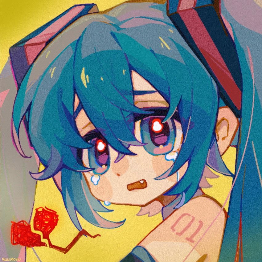 arm_tattoo artist_name blue_eyes blue_hair broken_heart close-up crying fang hatsune_miku highres number_tattoo sad suuroku tattoo tears twintails vocaloid yellow_background