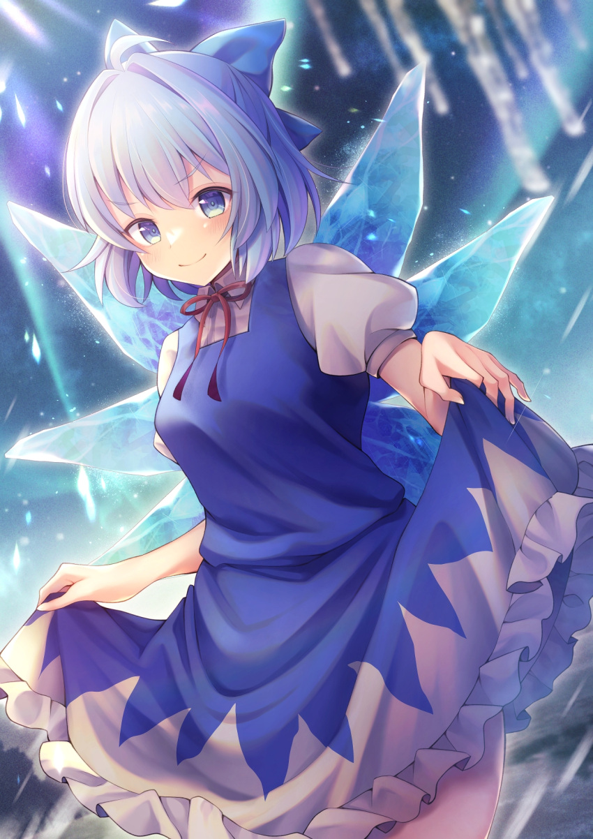 1girl blue_bow blue_dress blue_eyes blue_hair bow breasts cirno clothes_lift curtsey dress dress_lift hair_bow highres horinatu ice ice_wings lifted_by_self short_hair short_sleeves skirt skirt_hold skirt_lift solo touhou wings